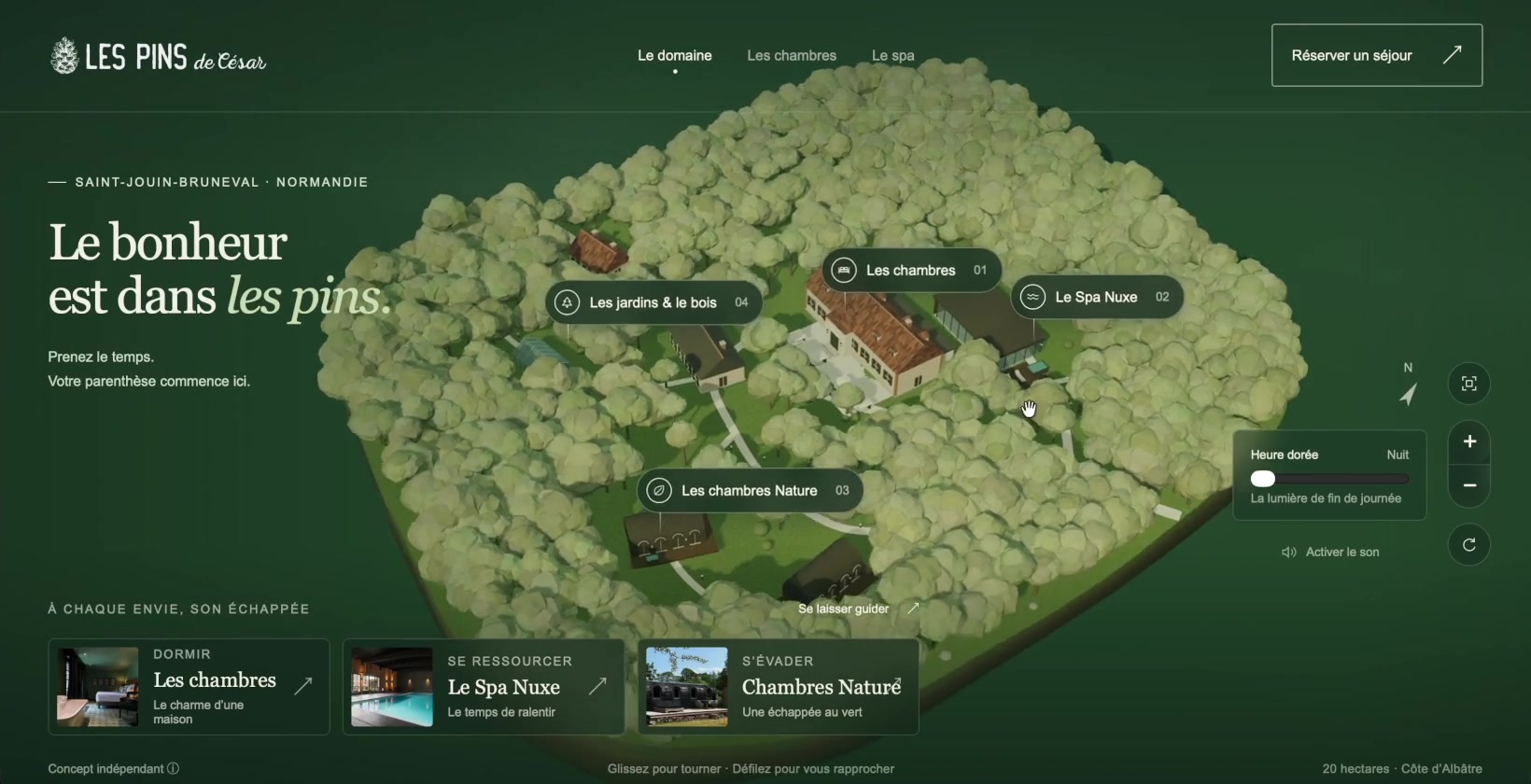Capture du prototype 3D : vue d’ensemble du domaine et ses quatre lieux interactifs